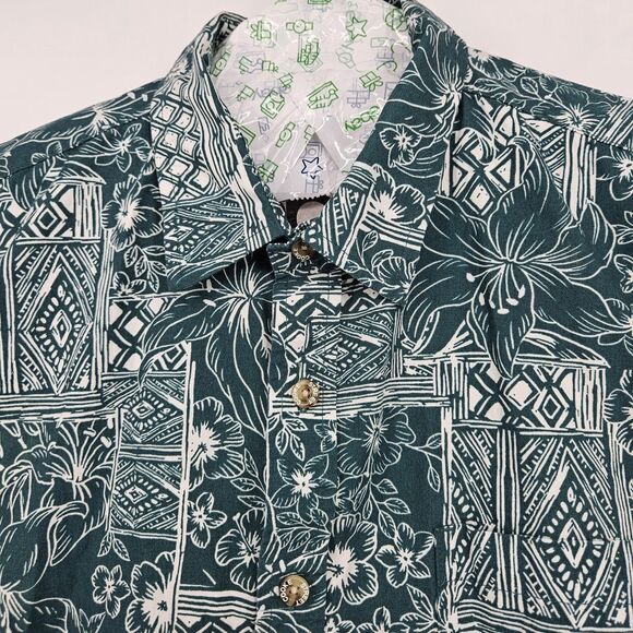 Cooke Street Shirt Mens Large Hawaiian Green Tapa Camp‎ Button Up All Over Print - Picture 2 of 11